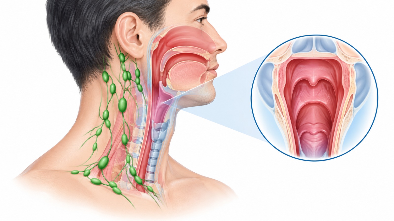 Illustration of neck lymph nodes and the pharynx, where hidden throat cancer may cause a neck lump