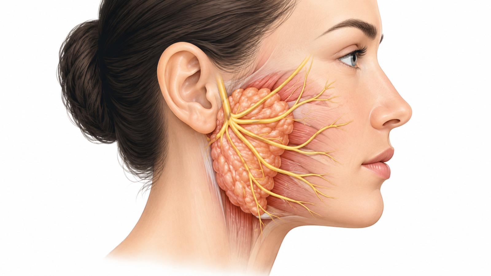 Illustration of the parotid gland in front of and below the ear with the facial nerve branching through it across the face