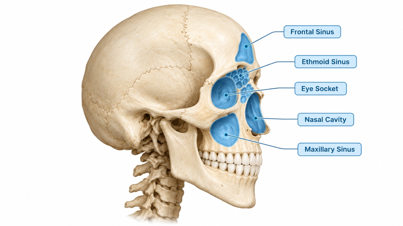 Diagram of the skull showing the frontal sinus, ethmoid sinus, eye socket, nasal cavity and maxillary sinus